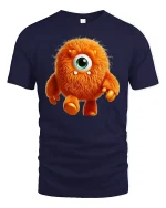 Cute Fuzzy Orange Monster Tee One Eyed Cartoon Creature Tshirt - navy t-shirt on white background