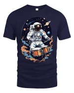 Astronaut Drummer Tee Space Music T Shirt for Cool Musicians - navy t-shirt on white background
