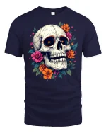 Floral Skull Art Tee Colorful Flower Skeleton Graphic Tshirt - navy t-shirt on white background