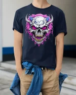 Demonic Horned Skull Tee Fierce Glowing Eyes Graphic Tshirt - model wearing navy tee with hands in pockets