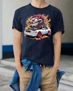 Crazy Hot Rod Creature Tee Wild Muscle Car Flames Tshirt - model wearing navy tee with hands in pockets