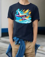Colorful Jet Airplane Tee Vibrant Plane Over Waves Tshirt - model wearing navy tee with hands in pockets