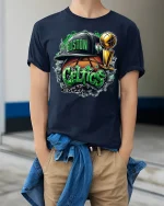 Graffiti Green Basketball Tee Cool Urban Sports Art Tshirt - model wearing navy tee with hands in pockets