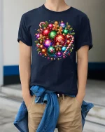 Personalized Ornaments Tee Colorful Gingerbread Christmas Tshirt - model wearing navy tee with hands in pockets