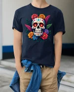 Colorful Sugar Skull Tee Floral Day of the Dead Style Tshirt - model wearing navy tee with hands in pockets