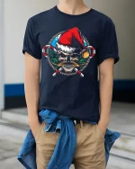 Santa Skull Tee Cool Mustache Candy Cane Christmas Tshirt - model wearing navy tee with hands in pockets