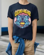 Crazy Burger Bear Tee Wild Graffiti Style Funny Beast Tshirt - model wearing navy tee with hands in pockets