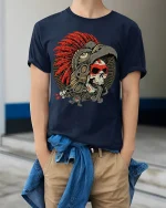 Warrior Skull Headdress Tee Bold Tribal Feather Art Tshirt - model wearing navy tee with hands in pockets