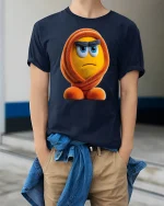 Grumpy Fuzzy Orange Character Tee Funny Mood Cartoon Tshirt - model wearing navy tee with hands in pockets