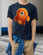 Cute Fuzzy Orange Monster Tee One Eyed Cartoon Creature Tshirt - model wearing navy tee with hands in pockets