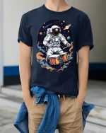 Astronaut Drummer Tee Space Music T Shirt for Cool Musicians - model wearing navy tee with hands in pockets