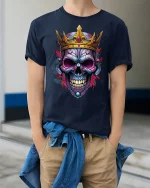King Skull Crown Tee Dark Royal Skull Art Tshirt for Fans - model wearing navy tee with hands in pockets