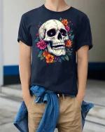 Floral Skull Art Tee Colorful Flower Skeleton Graphic Tshirt - model wearing navy tee with hands in pockets
