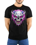 Demonic Horned Skull Tee Fierce Glowing Eyes Graphic Tshirt - model wearing black tee with hands behind back