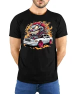 Crazy Hot Rod Creature Tee Wild Muscle Car Flames Tshirt - model wearing black tee with hands behind back