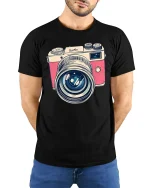 Vintage Camera Lens Tee Retro Photography Lover Tshirt - model wearing black tee with hands behind back