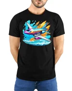 Colorful Jet Airplane Tee Vibrant Plane Over Waves Tshirt - model wearing black tee with hands behind back