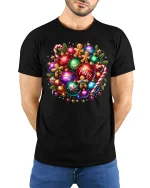 Personalized Ornaments Tee Colorful Gingerbread Christmas Tshirt - model wearing black tee with hands behind back