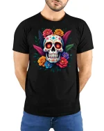 Colorful Sugar Skull Tee Floral Day of the Dead Style Tshirt - model wearing black tee with hands behind back