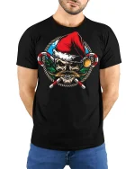 Santa Skull Tee Cool Mustache Candy Cane Christmas Tshirt - model wearing black tee with hands behind back