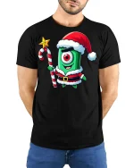 Cute Cyclops Santa Tee Funny One Eyed Christmas Creature Tshirt - model wearing black tee with hands behind back