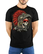 Warrior Skull Headdress Tee Bold Tribal Feather Art Tshirt - model wearing black tee with hands behind back