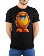 Grumpy Fuzzy Orange Character Tee Funny Mood Cartoon Tshirt - model wearing black tee with hands behind back