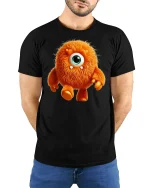 Cute Fuzzy Orange Monster Tee One Eyed Cartoon Creature Tshirt - model wearing black tee with hands behind back