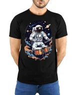 Astronaut Drummer Tee Space Music T Shirt for Cool Musicians - model wearing black tee with hands behind back