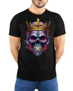 King Skull Crown Tee Dark Royal Skull Art Tshirt for Fans - model wearing black tee with hands behind back