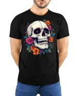 Floral Skull Art Tee Colorful Flower Skeleton Graphic Tshirt - model wearing black tee with hands behind back