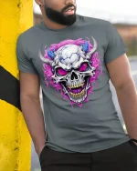 Demonic Horned Skull Tee Fierce Glowing Eyes Graphic Tshirt - model wearing grey tee, leaning on column