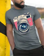 Vintage Camera Lens Tee Retro Photography Lover Tshirt - model wearing grey tee, leaning on column