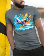 Colorful Jet Airplane Tee Vibrant Plane Over Waves Tshirt - model wearing grey tee, leaning on column