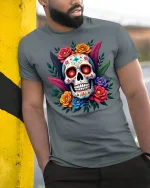 Colorful Sugar Skull Tee Floral Day of the Dead Style Tshirt - model wearing grey tee, leaning on column