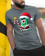 Cute Cyclops Santa Tee Funny One Eyed Christmas Creature Tshirt - model wearing grey tee, leaning on column