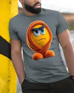 Grumpy Fuzzy Orange Character Tee Funny Mood Cartoon Tshirt - model wearing grey tee, leaning on column
