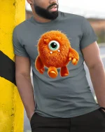 Cute Fuzzy Orange Monster Tee One Eyed Cartoon Creature Tshirt - model wearing grey tee, leaning on column