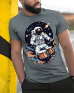 Astronaut Drummer Tee Space Music T Shirt for Cool Musicians - model wearing grey tee, leaning on column
