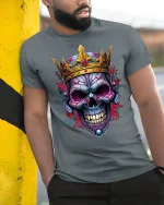 King Skull Crown Tee Dark Royal Skull Art Tshirt for Fans - model wearing grey tee, leaning on column
