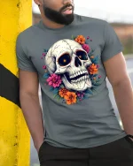 Floral Skull Art Tee Colorful Flower Skeleton Graphic Tshirt - model wearing grey tee, leaning on column