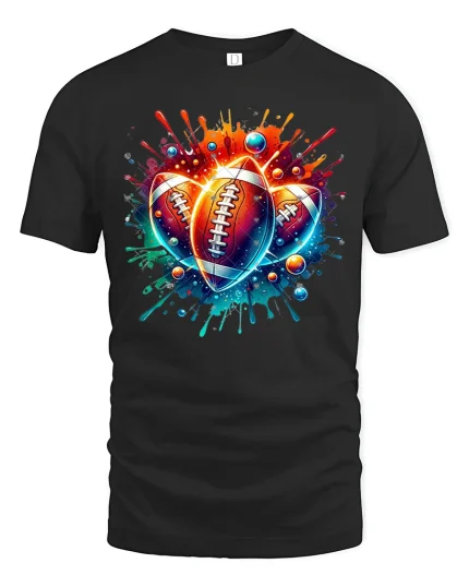 Vibrant Football Splash Art Tee for Sports Lovers - black t-shirt on white background