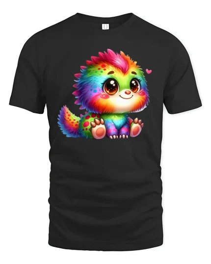 Cute Rainbow Monster Tee for Kawaii Animal Fans - black t-shirt on white background