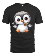 Cute Penguin with Butterfly Tee for Animal Lovers - black t-shirt on white background
