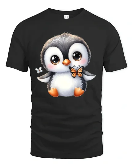 Cute Penguin with Butterfly Tee for Animal Lovers - black t-shirt on white background