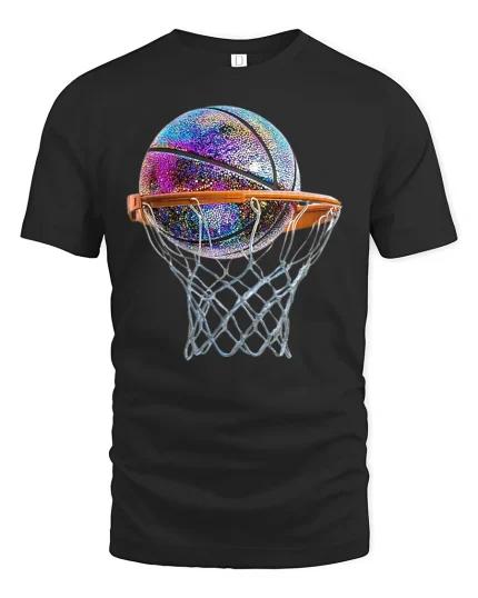 Shiny Basketball Hoop Tee for Game Day Lovers - black t-shirt on white background