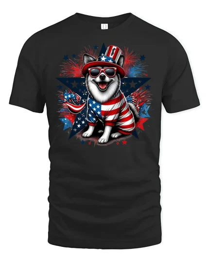 Patriotic Dog 4th of July Tee with American Spirit - black t-shirt on white background