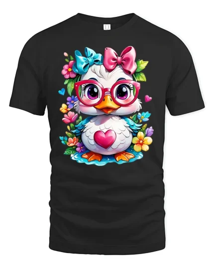 Cute Duck with Glasses Tee for Animal Lovers - black t-shirt on white background