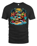 Tropical Skull Sunset Tee for Beach Party Lovers - black t-shirt on white background
