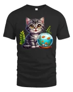 Cute Kitten Watching Fish Tee for Cat Lovers - black t-shirt on white background